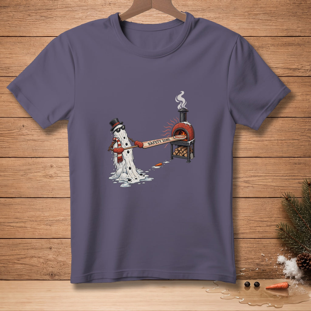 Melting snowman with pizza in oven, text reads "Safety Zone".
