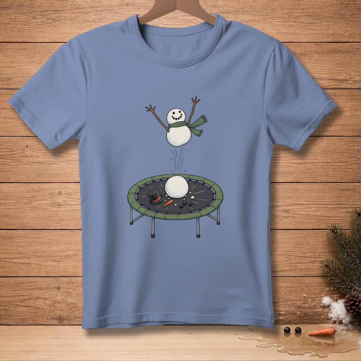 Snowman jumping on trampoline with hat, carrot, and coal on it.
