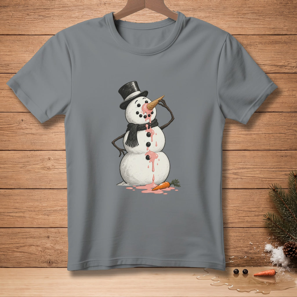 Melting snowman with ice cream cone nose and carrot on gray t-shirt.