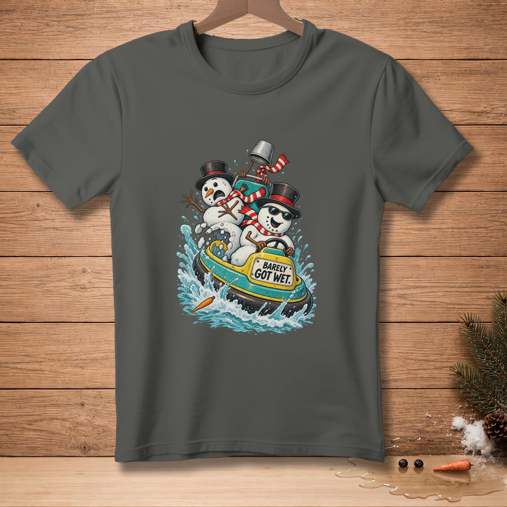 Three snowmen in a tube, one with a bucket, saying "Barely Got Wet".