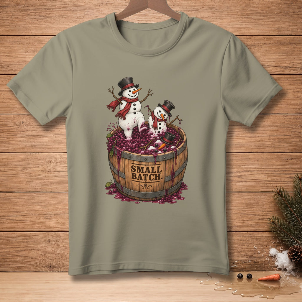 Two snowmen in a barrel of grapes with "SMALL BATCH." text on the barrel.