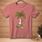 Snowman climbing a palm tree with a monkey, text reads "ALMOST THERE."
