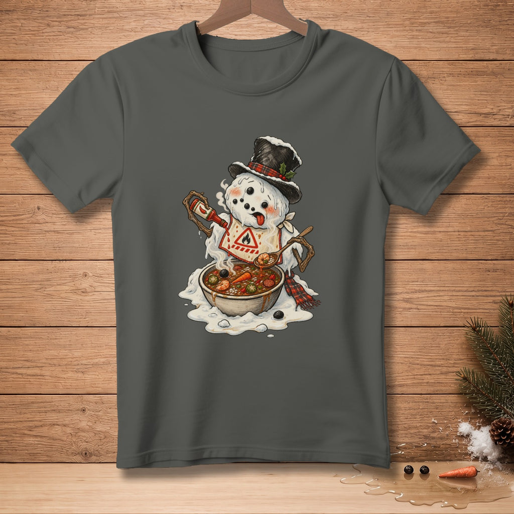 Snowman wearing hat and apron tasting soup from bowl with spoon.