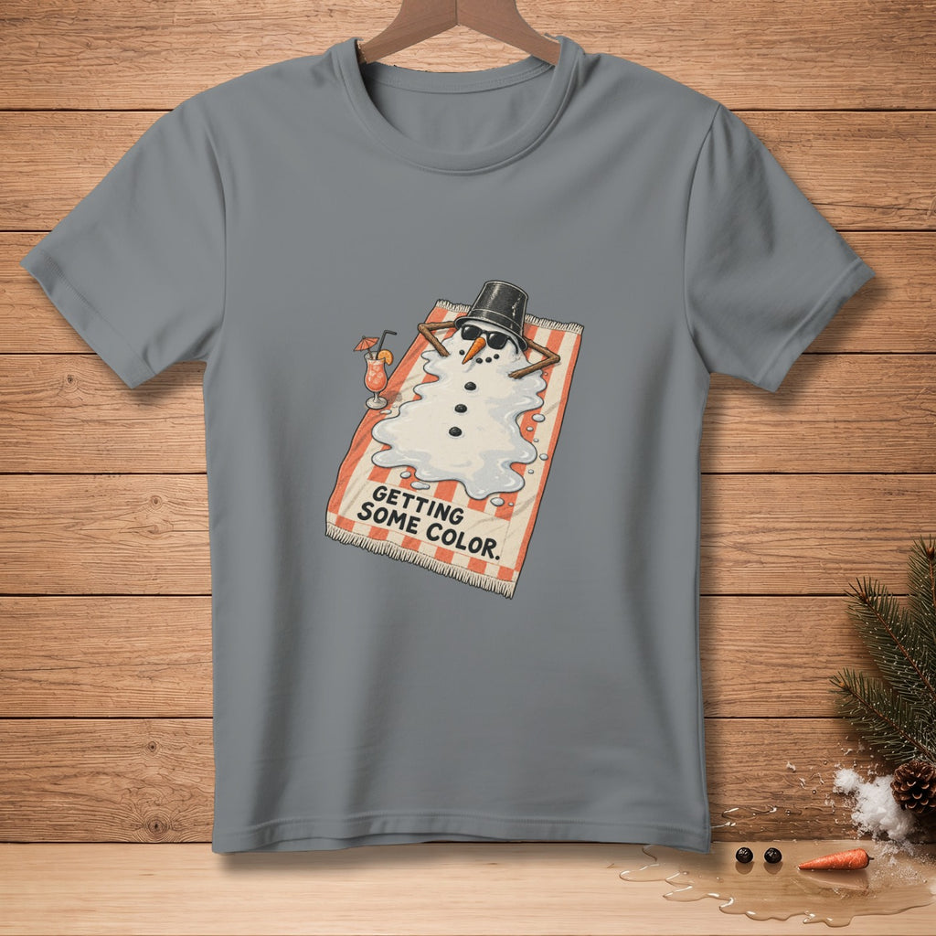 Gray t-shirt with melting snowman graphic that reads "GETTING SOME COLOR."