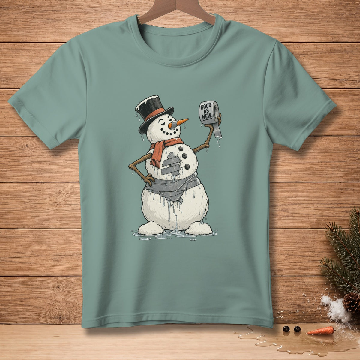 Melting snowman with top hat holding toilet paper roll reading "Good as New".