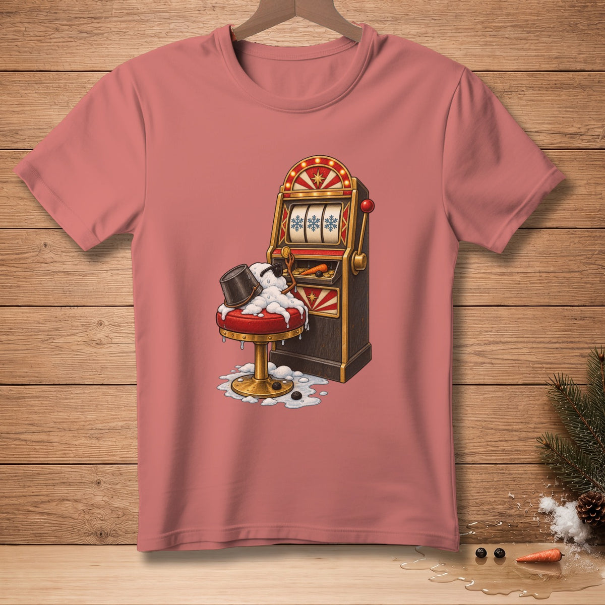 Melting snowman with bucket on stool next to slot machine with snowflakes.