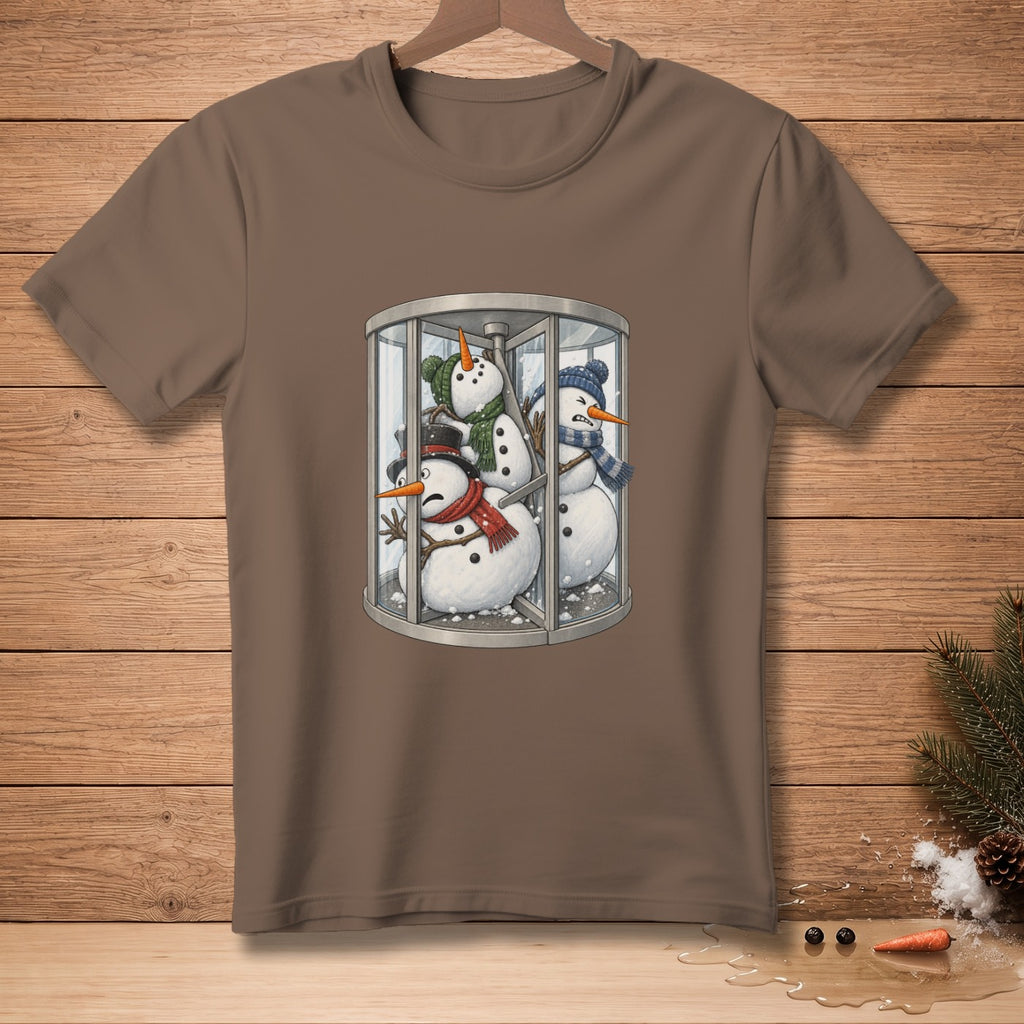 Brown t-shirt with a graphic of three snowmen stuck in a revolving door.