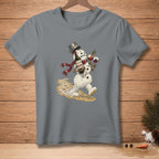 Melting snowman holding wine and wearing a scarf with a bucket on its head.