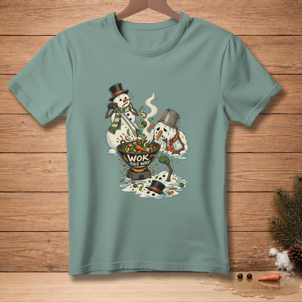 Snowmen cooking vegetables in a wok with text "WOK THIS WAY."