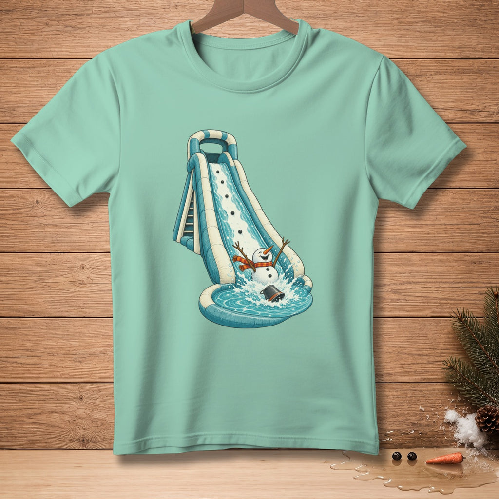 Snowman with orange scarf sliding down water slide into pool