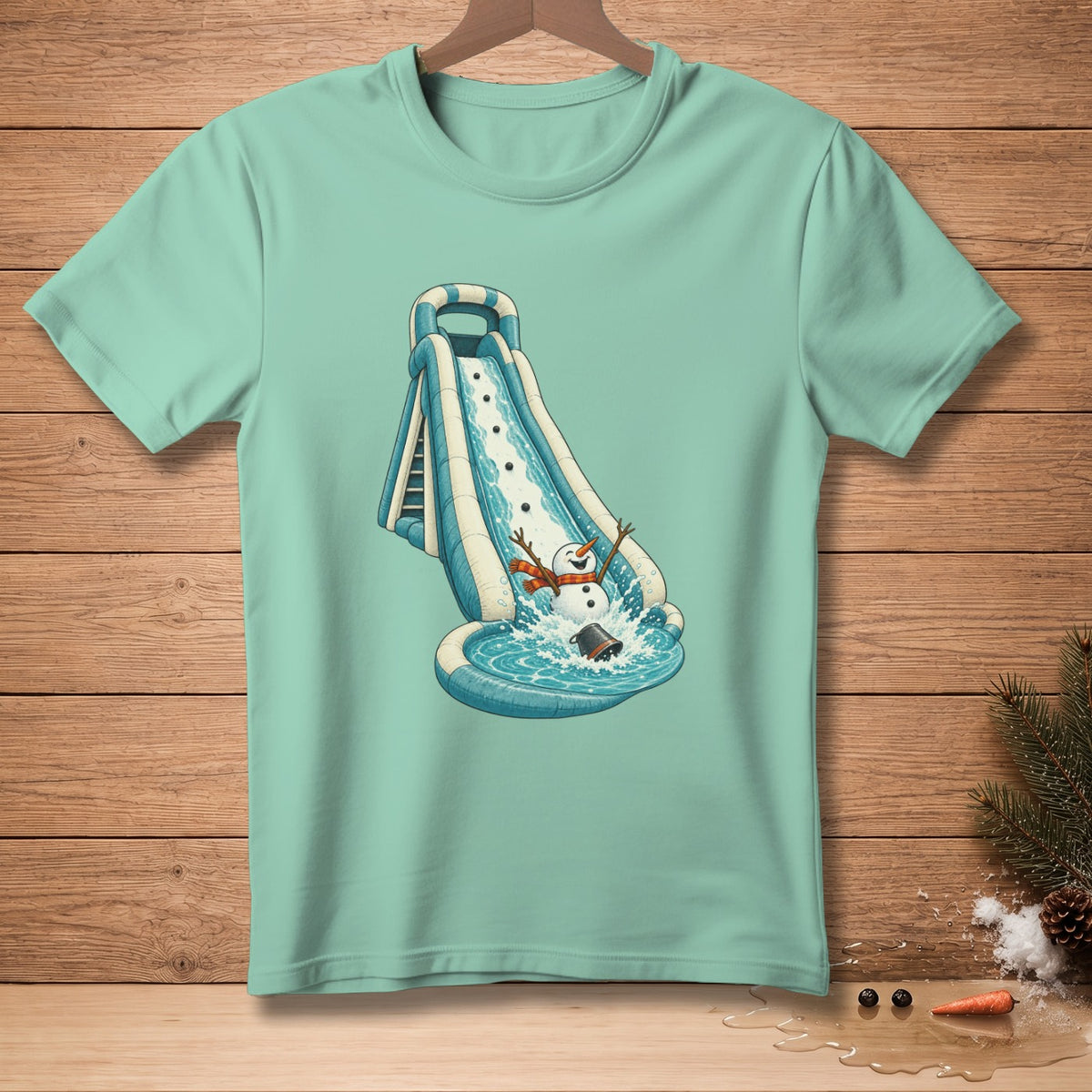 Snowman with orange scarf sliding down water slide into pool