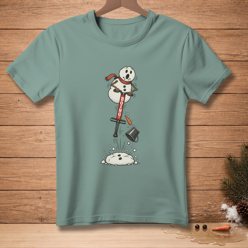 Snowman on pogo stick with "BOING" text, losing a carrot nose and bucket.