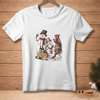 Illustration of snowmen and a parrot with wine bottles and grapes, with text "REFINED."