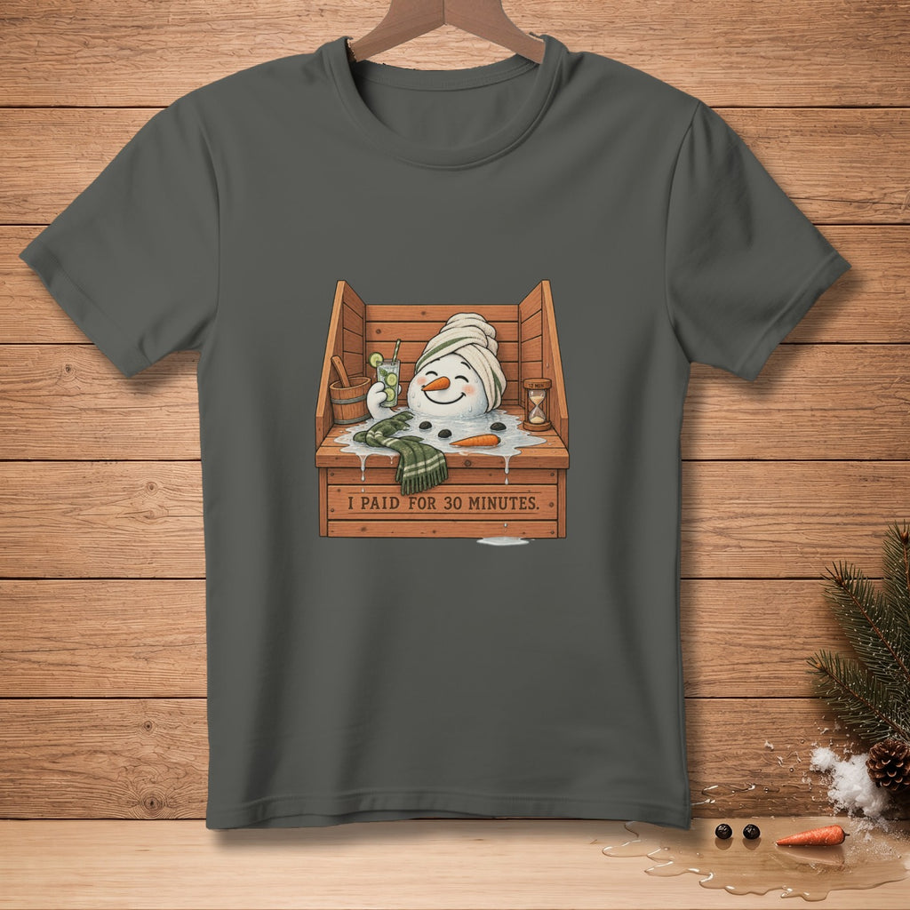 Snowman in sauna with towel, drink, and carrot; "I PAID FOR 30 MINUTES."