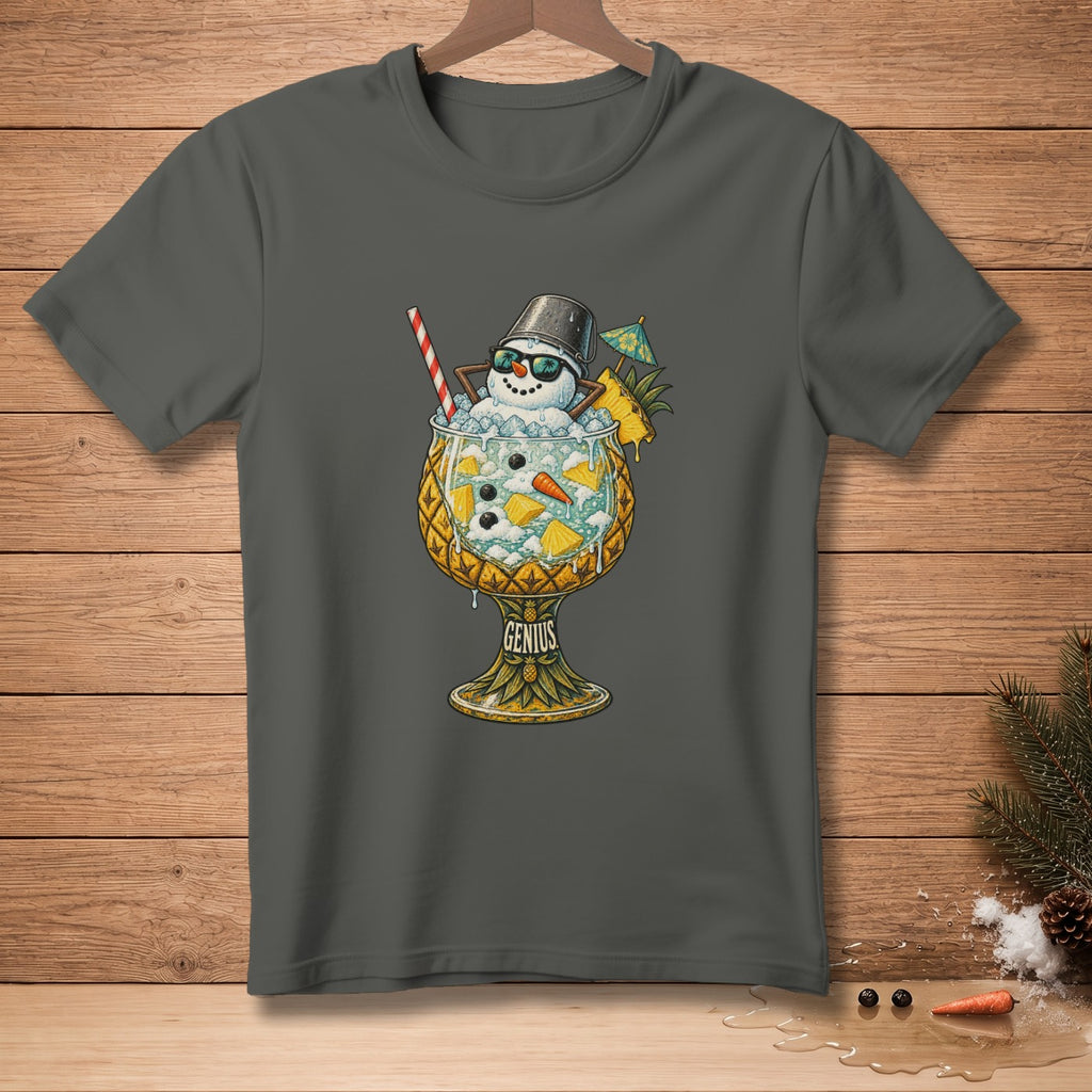 T-shirt graphic of a melting snowman in a pineapple cocktail with the word "Genius."