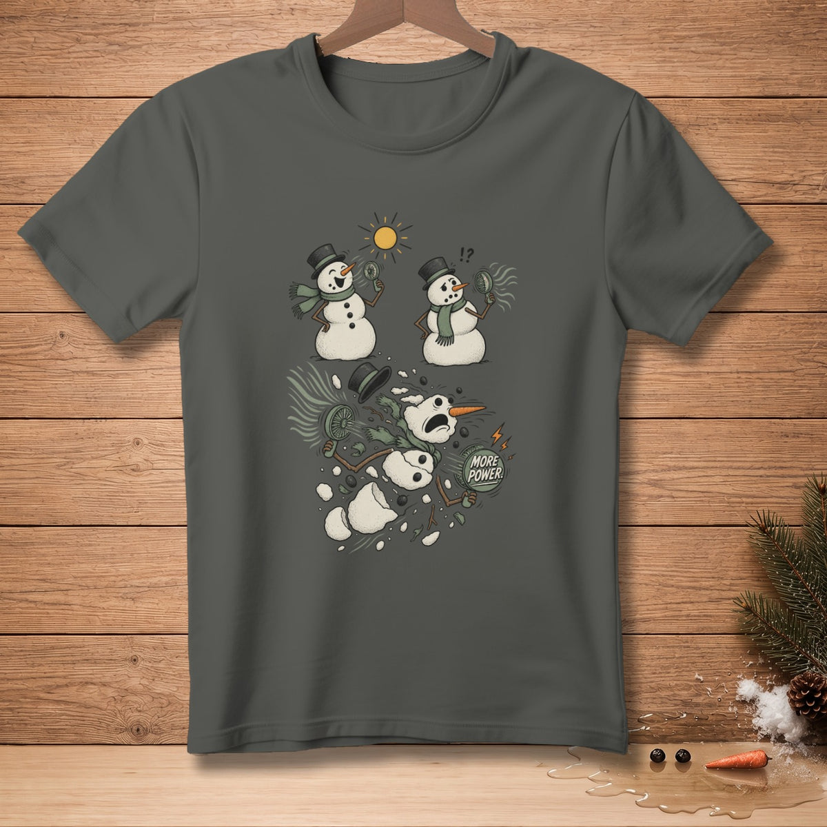 T-shirt graphic of snowmen in the sun, one melting with "More Power!" text.