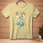 T-shirt graphic of snowmen melting under a beach umbrella with "Perfect Timing" text.