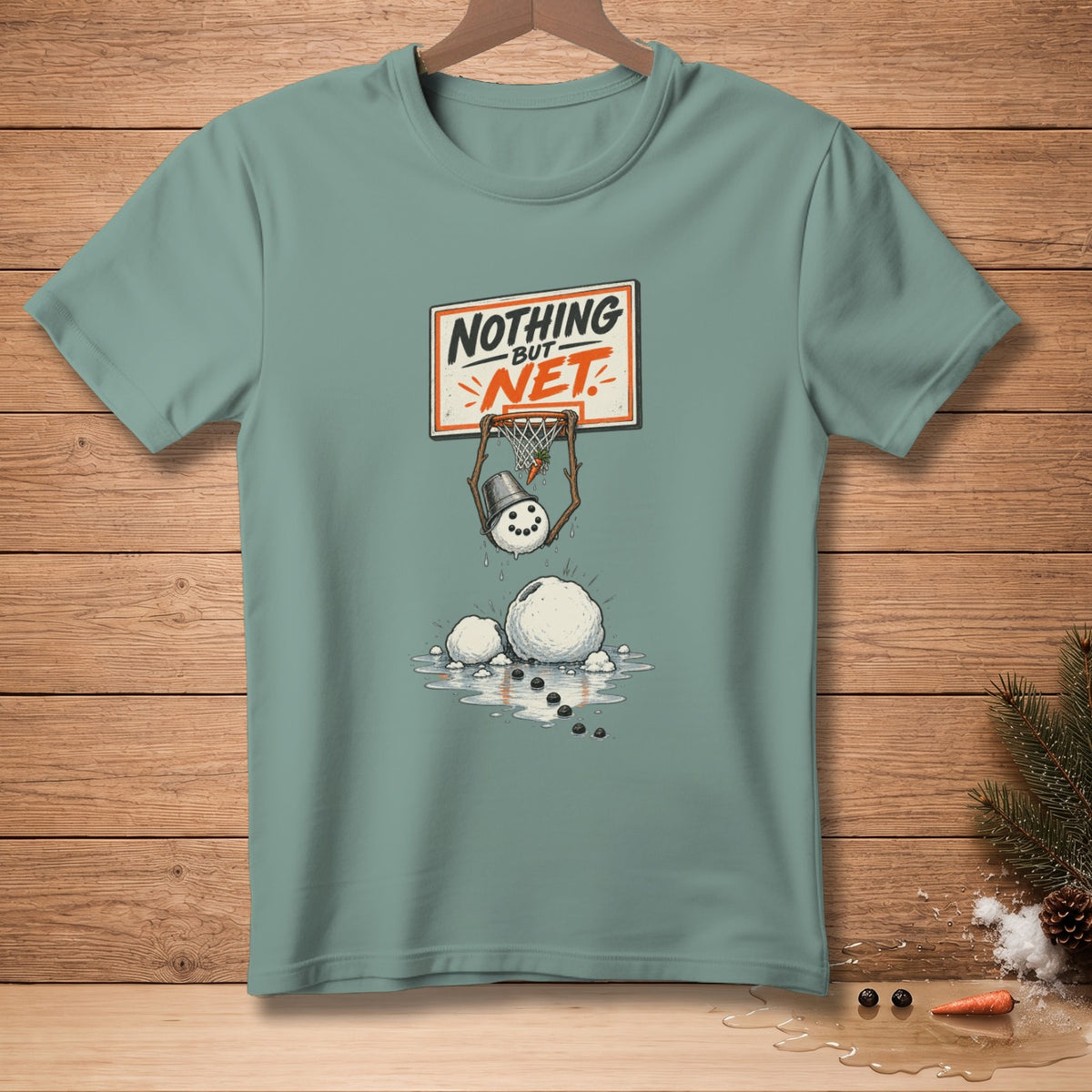 T-shirt with "Nothing But Net" text and melting snowman dunking a basketball.