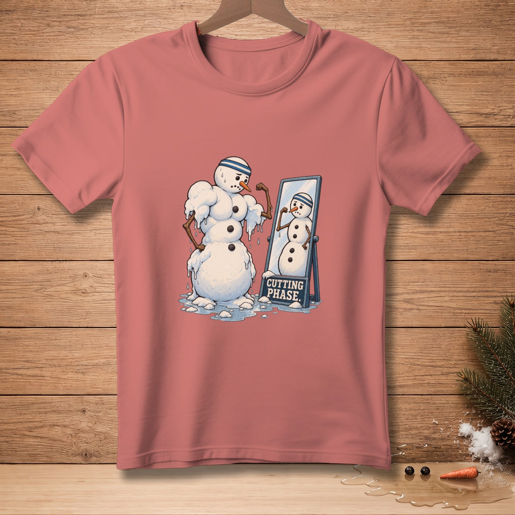 Snowman flexing in mirror with "CUTTING PHASE" sign.