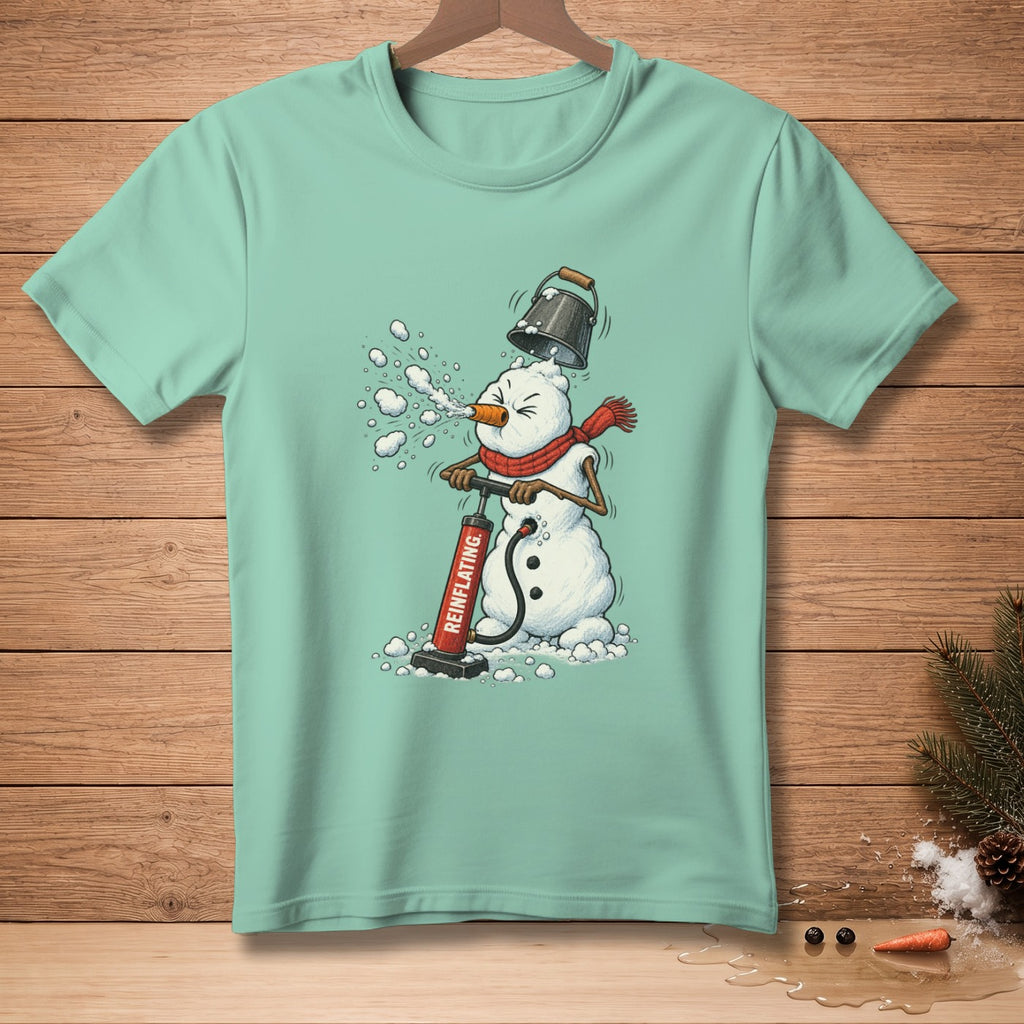Snowman using a red pump labeled "REINFLATING." with a bucket on its head.