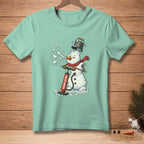 Snowman using a red pump labeled "REINFLATING." with a bucket on its head.
