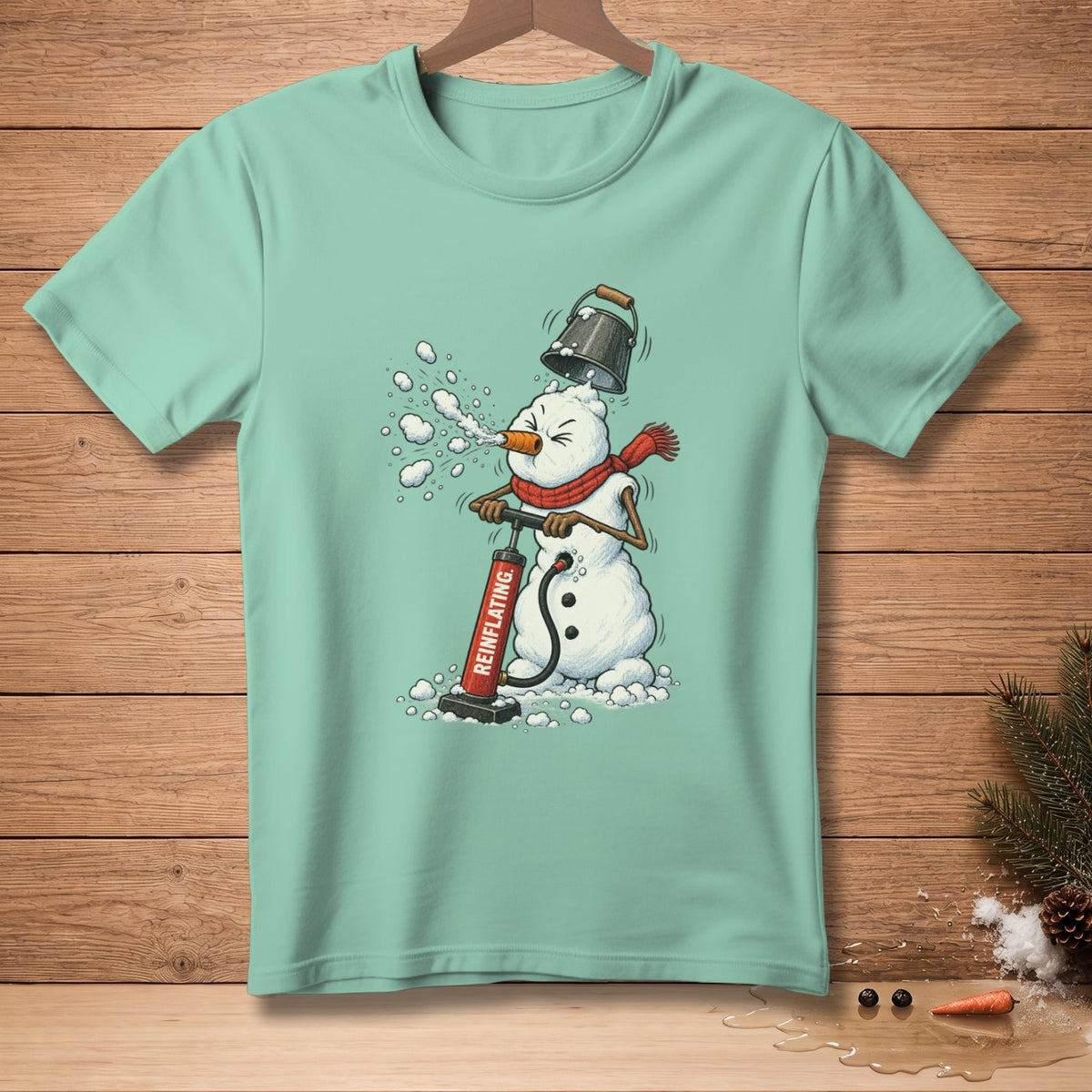Snowman using a red pump labeled "REINFLATING." with a bucket on its head.