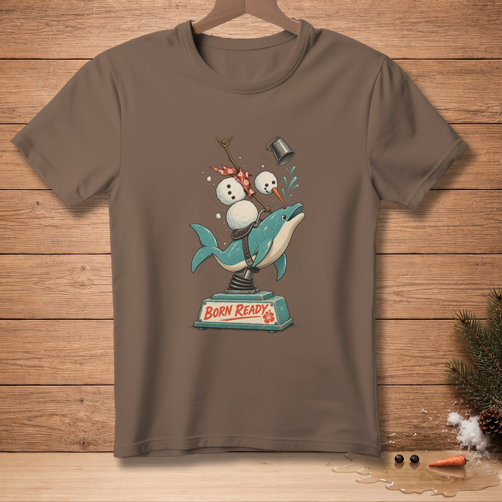 Brown t-shirt with a cartoon of snowmen riding a dolphin with "BORN READY" text.