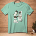 Melting snowman with a core support belt looking in the mirror.