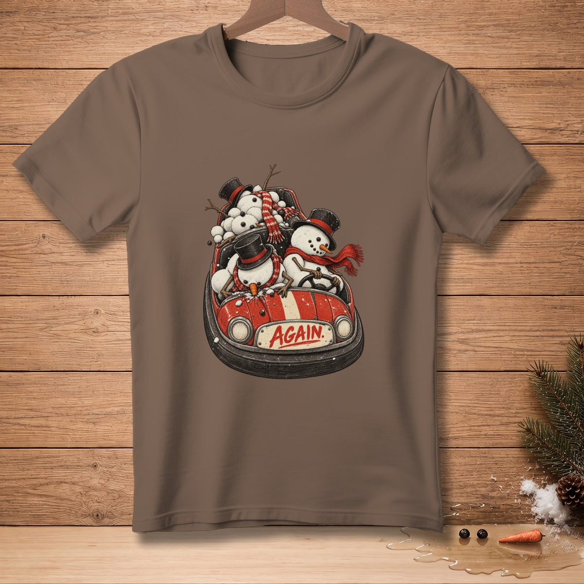 Snowmen in a bumper car with "AGAIN" text on the front.