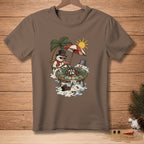 Snowmen playing poker on a tropical beach with "All In" text.