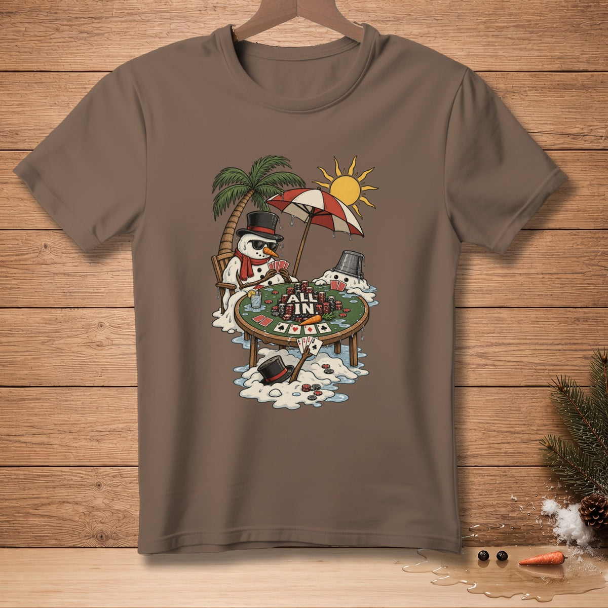 Snowmen playing poker on a tropical beach with "All In" text.