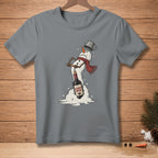 Gray t-shirt with a melting snowman using a corkscrew on a wine bottle labeled "ALMOST OPEN."