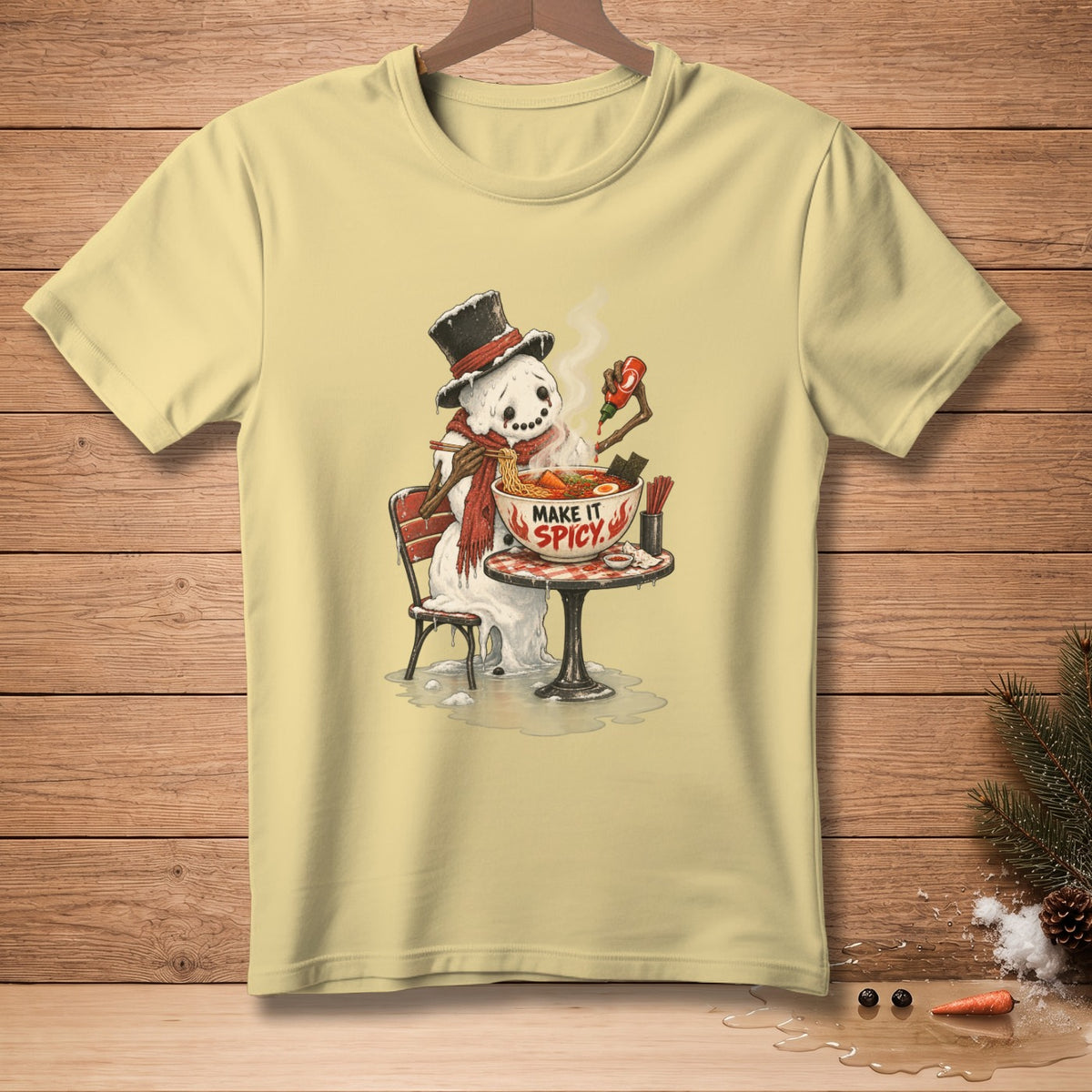 Snowman in top hat eating ramen and adding hot sauce, text "MAKE IT SPICY."