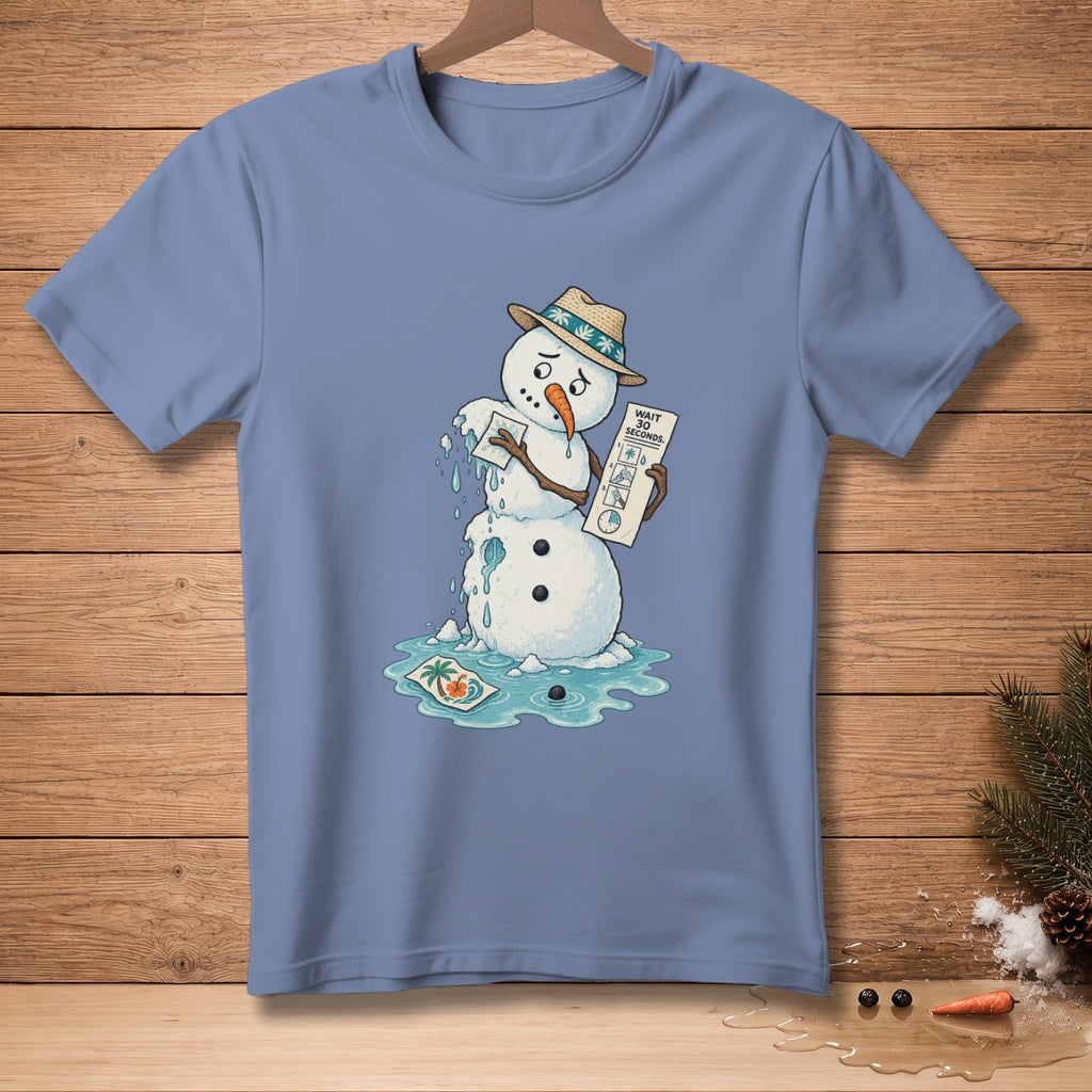 Sad melting snowman wearing a straw hat holding a sign that says "Wait 20 Seconds."