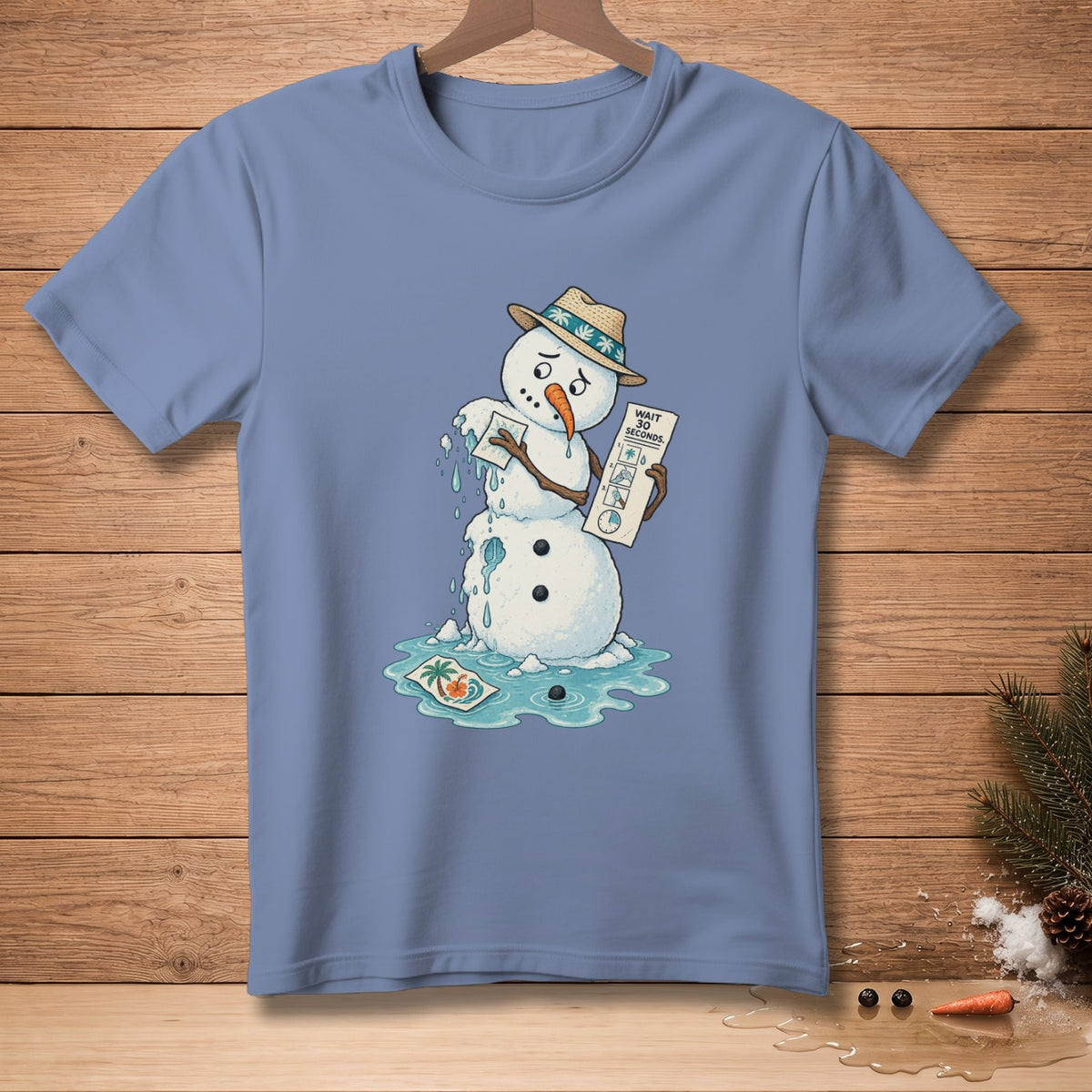 Sad melting snowman wearing a straw hat holding a sign that says "Wait 20 Seconds."
