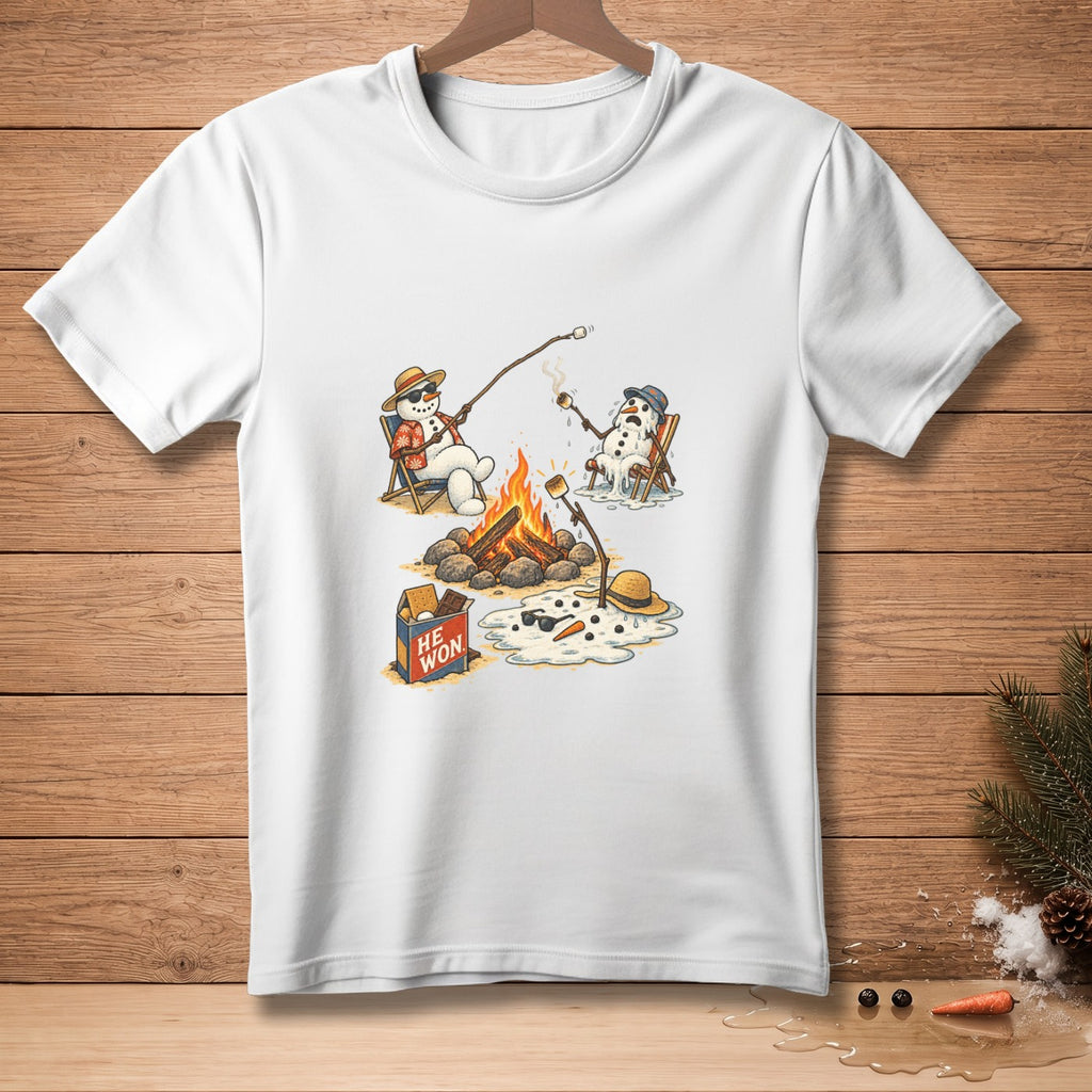 Two snowmen roast marshmallows over a campfire, one melting, with "HE WON" box.