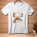 Two snowmen roast marshmallows over a campfire, one melting, with "HE WON" box.