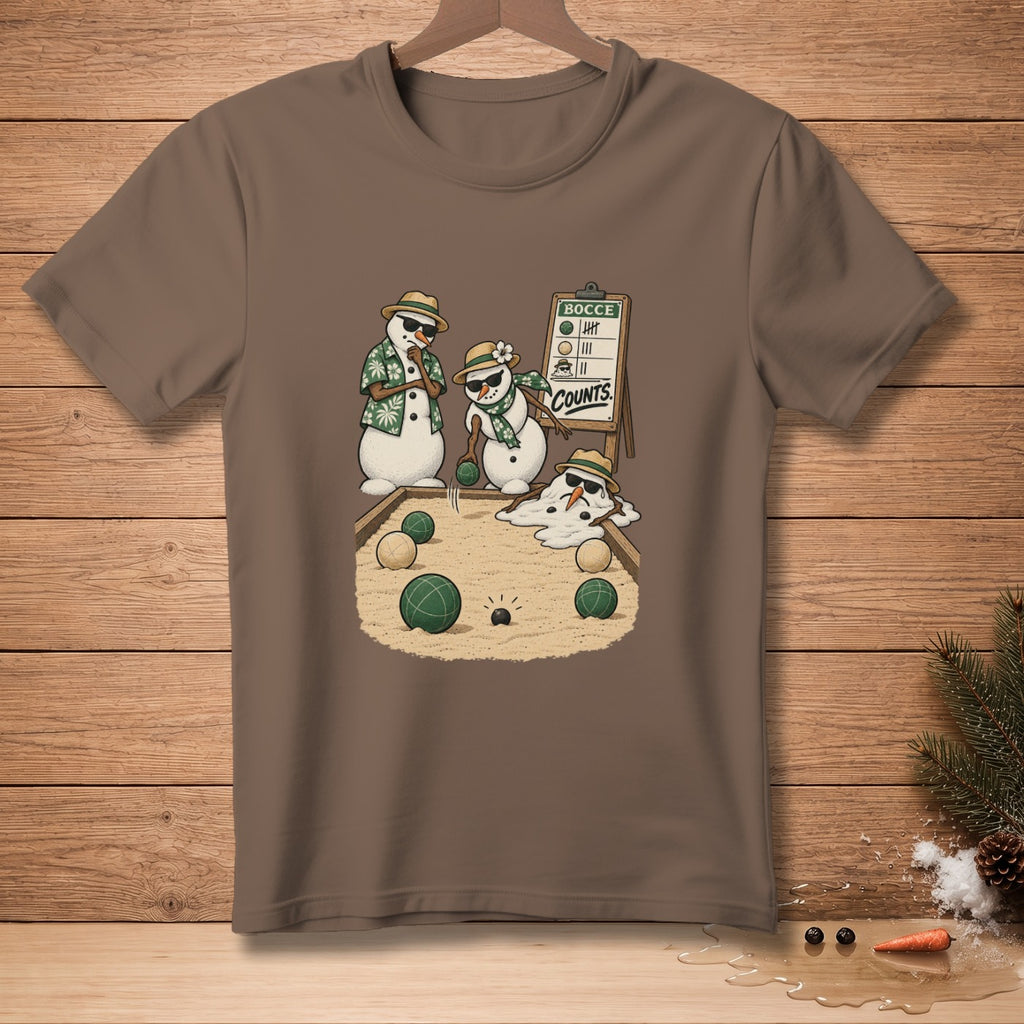 Snowmen playing bocce ball with a scoreboard showing "Bocce Counts."