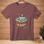 T-shirt with snowman in wooden tub with "No Regrets" text and a drink.