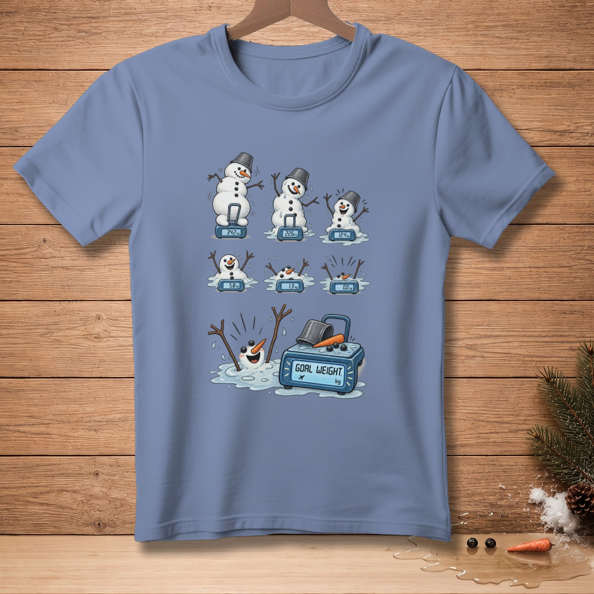 Melting snowmen on scales, with the last one showing "Goal Weight".