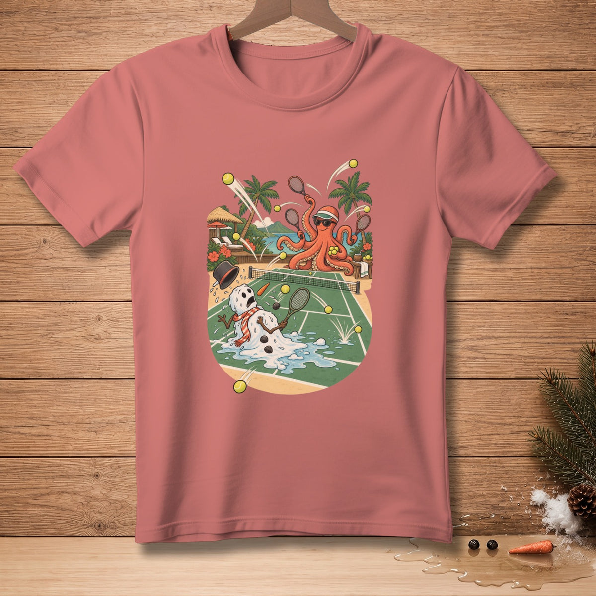 Octopus playing tennis against a melting snowman on a tropical court.