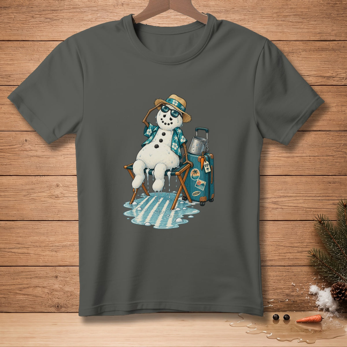 Melting snowman with sunglasses and Hawaiian shirt sitting in a beach chair.