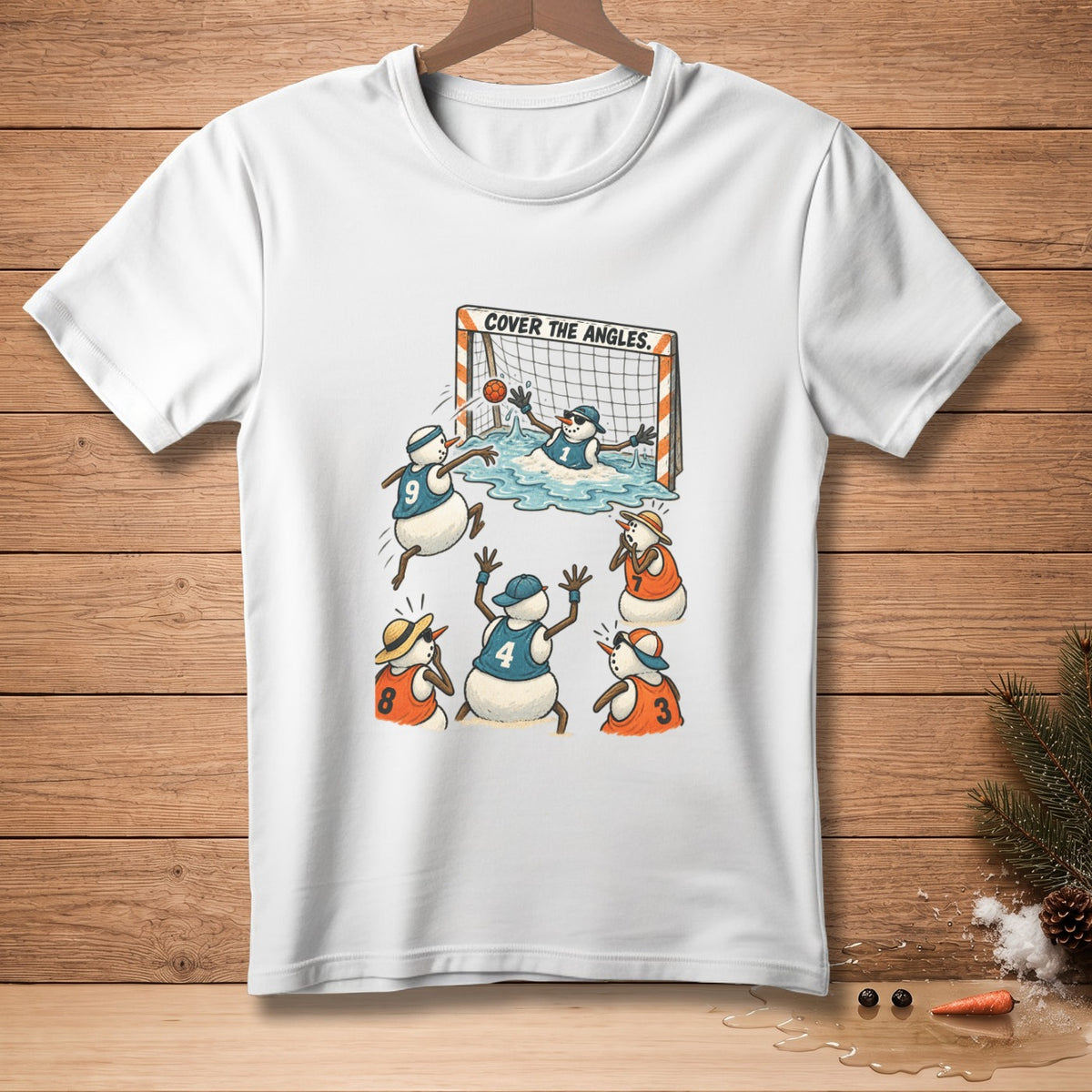 Snowmen playing soccer in the water with text "COVER THE ANGLES."