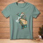 Snowman in a Hawaiian shirt playing shuffleboard and melting, text "LET IT RIDE."