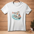 White t-shirt with graphic of snowmen riding a jet ski with text "ROOM FOR THREE".
