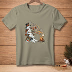 Melting snowman sitting by campfire toasting bread with text "ALMOST GOLDEN."