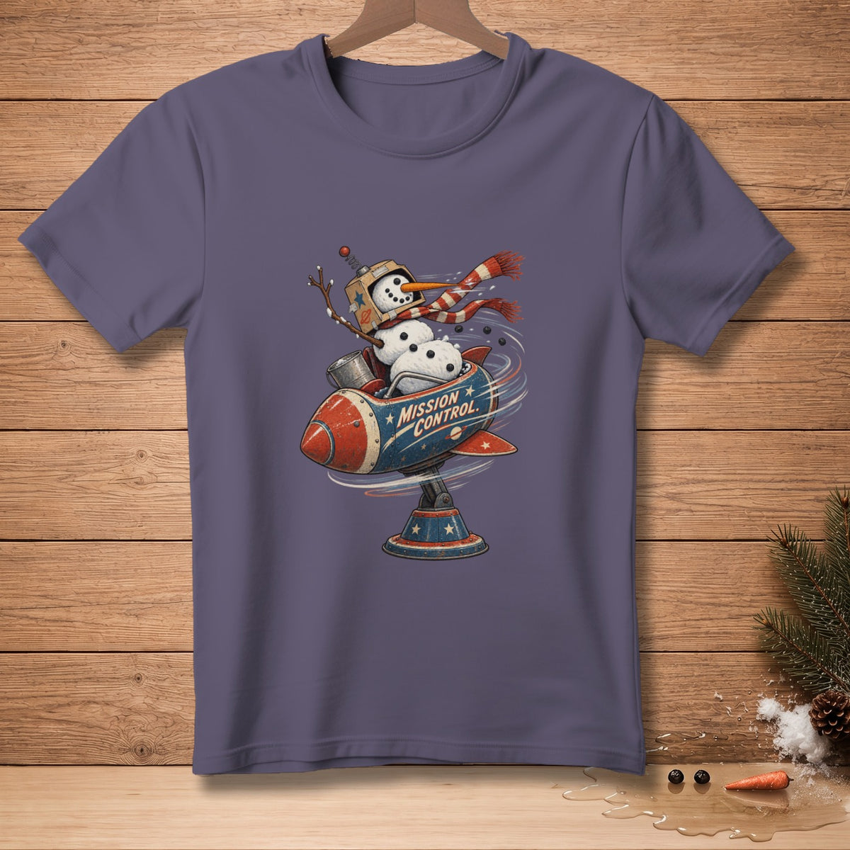 Snowman in a rocket labeled "Mission Control" with a striped scarf.