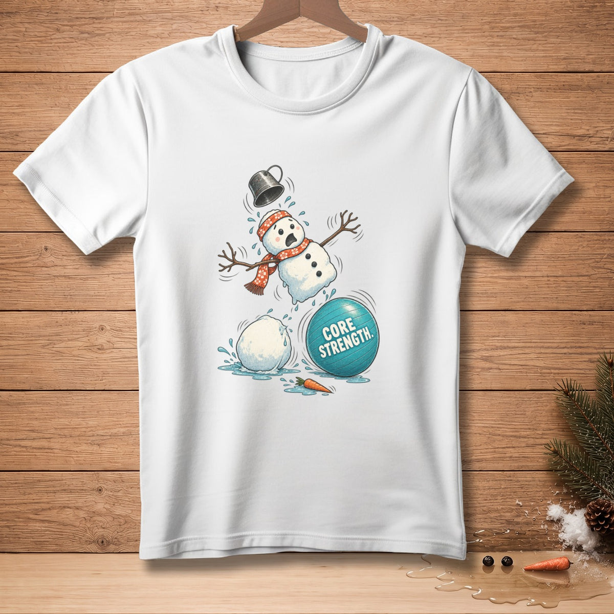 Snowman falling apart next to a core strength exercise ball and carrot.