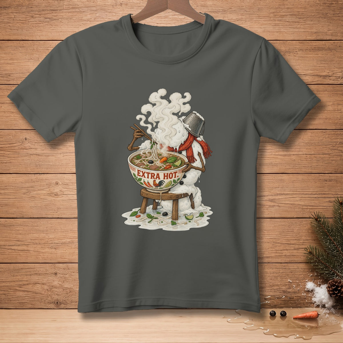 Snowman enjoying steaming bowl of pho with text "EXTRA HOT".