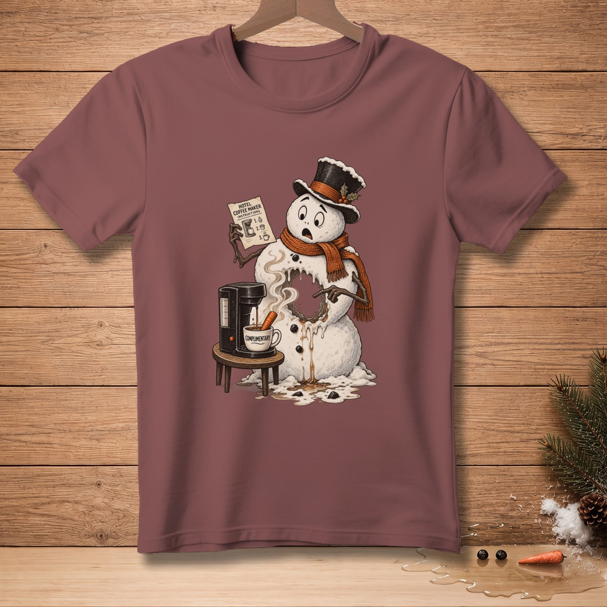 Melting snowman reads hotel coffee maker instructions next to a coffee machine.
